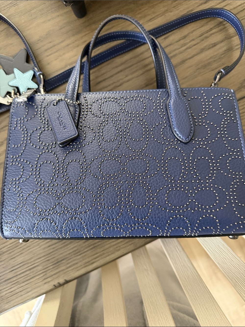 Coach Navy Perforated Signature Leather Satchel with Star Charm - Picture 3 of 13